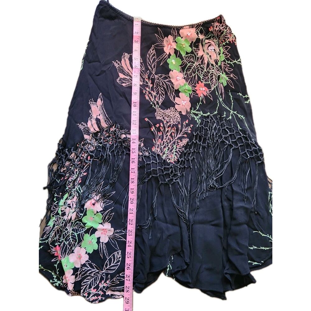 Vtg Starina Piano Fringe Beaded Floral A Line Midi Skirt Sz XL Fairy Whimsical - Picture 9 of 9